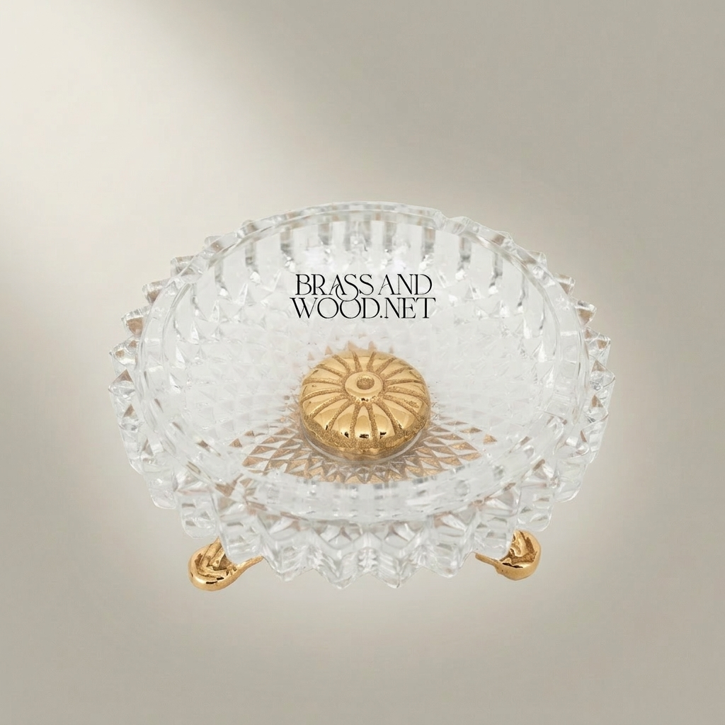 Rococo Crystal & Brass Ashtray with Pierced Scrollwork Footed Base
