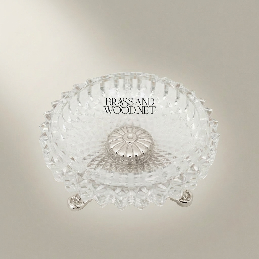 Rococo Crystal & Brass Ashtray with Pierced Scrollwork Footed Base — Silver