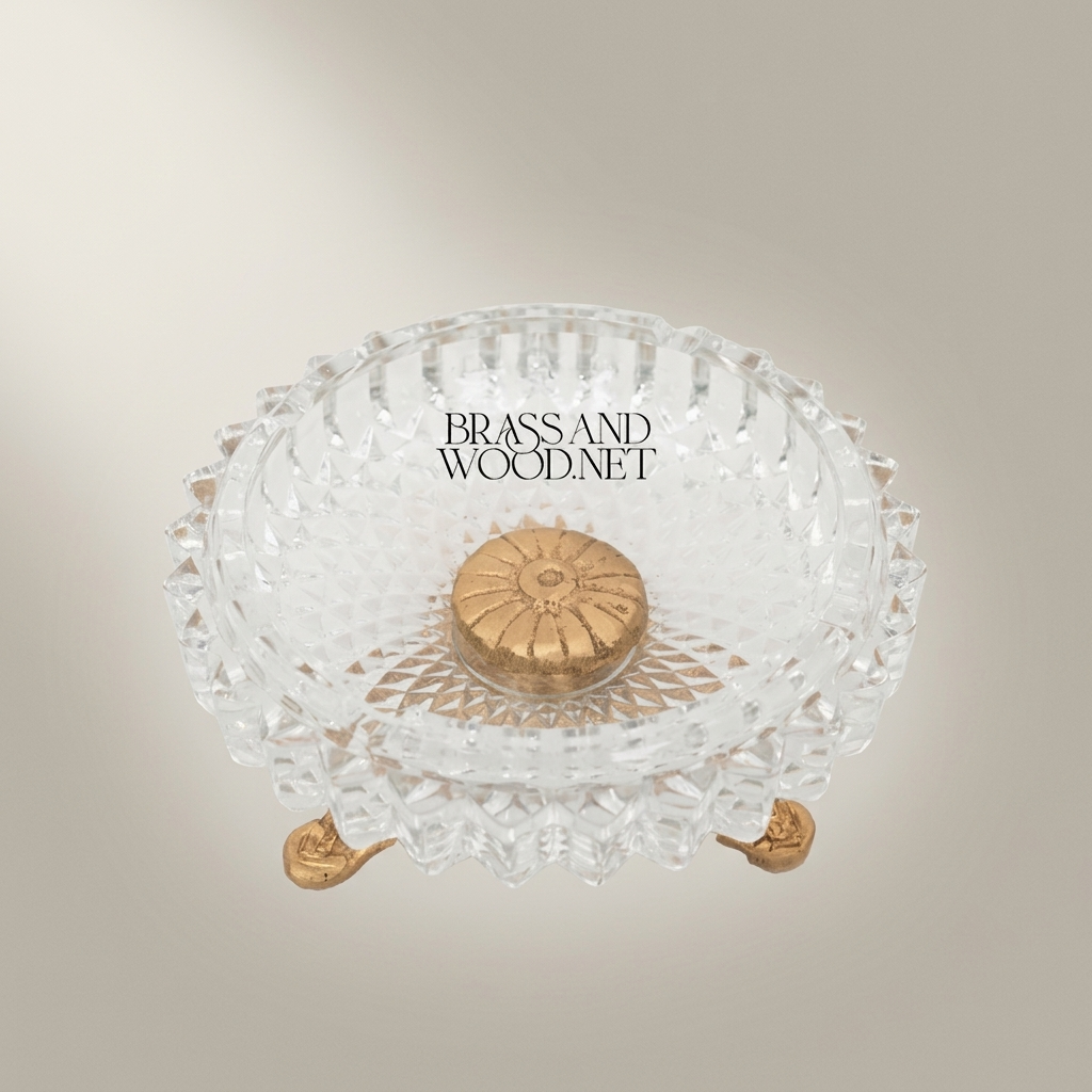 Rococo Crystal & Brass Ashtray with Pierced Scrollwork Footed Base — Antique Gold