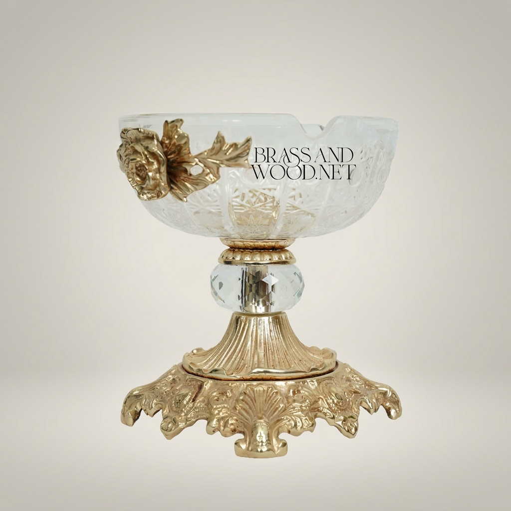 Rococo Crystal & Brass Ashtray with Rose Appliqué and Acanthus Pedestal Base