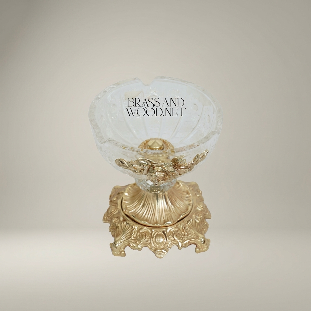 Rococo Crystal & Brass Ashtray with Rose Appliqué and Acanthus Pedestal Base — Gold