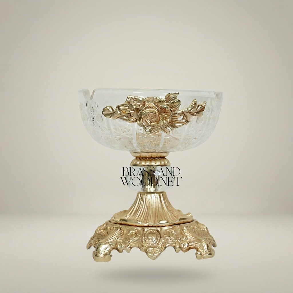 Rococo Crystal & Brass Ashtray with Rose Appliqué and Acanthus Pedestal Base
