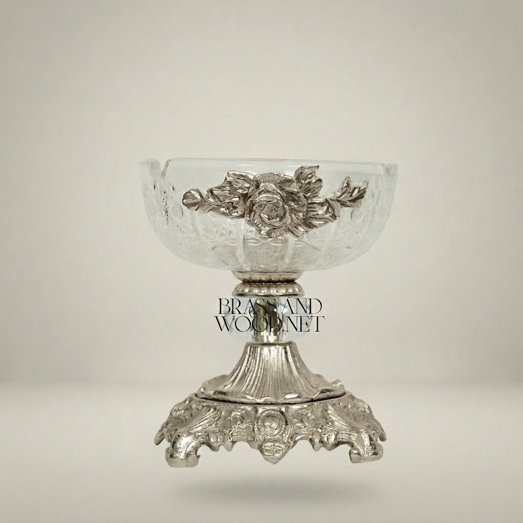 Rococo Crystal & Brass Ashtray with Rose Appliqué and Acanthus Pedestal Base — Silver