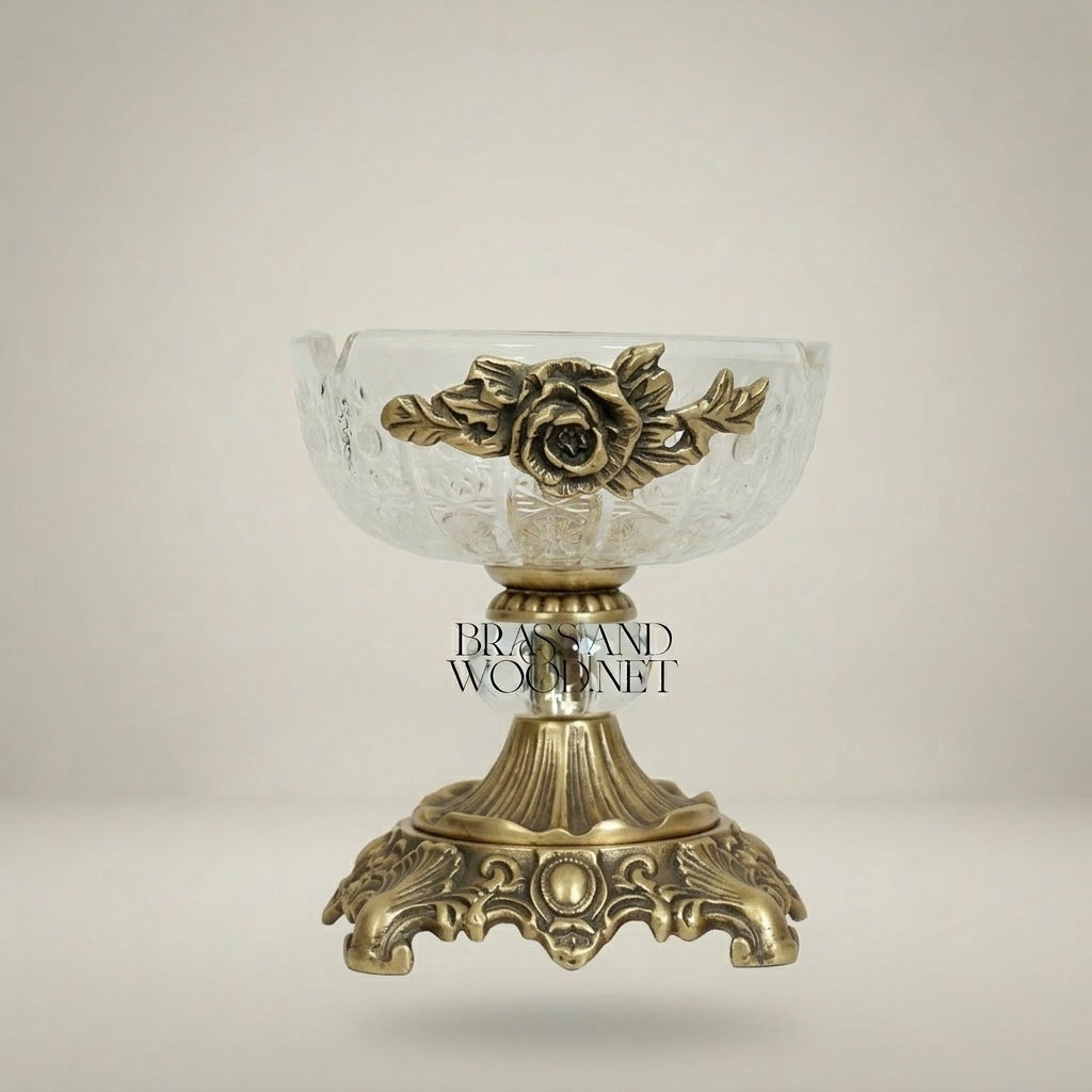 Rococo Crystal & Brass Ashtray with Rose Appliqué and Acanthus Pedestal Base — Antique Gold