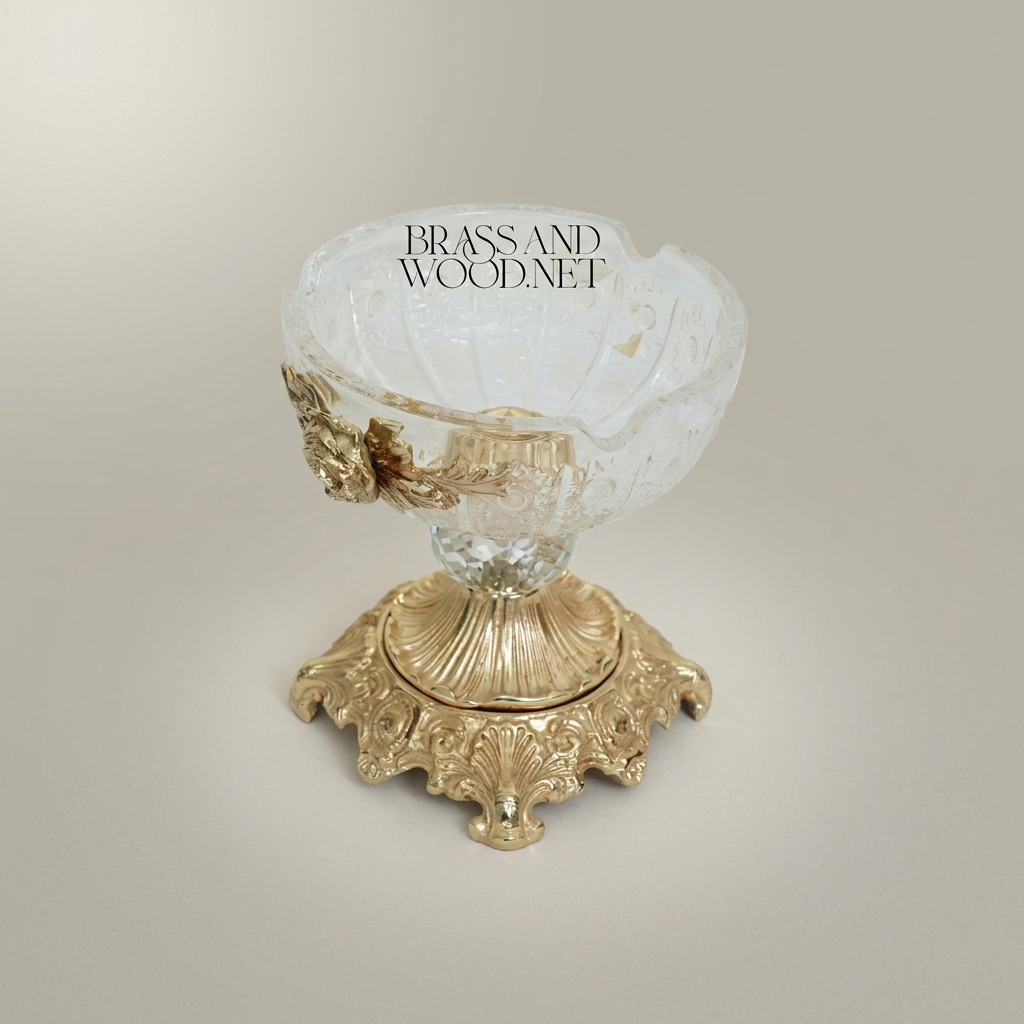 Rococo Crystal & Brass Ashtray with Rose Appliqué and Acanthus Pedestal Base — Gold