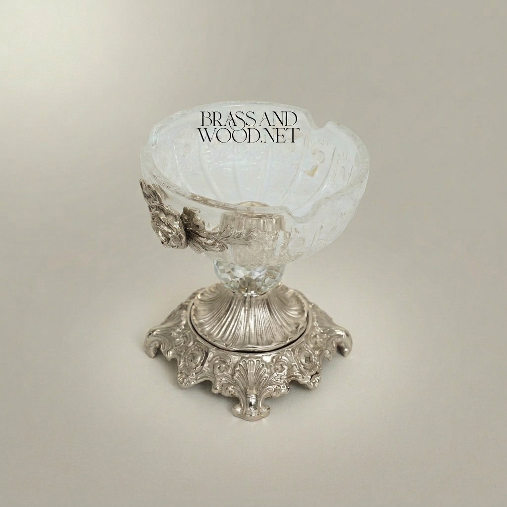 Rococo Crystal & Brass Ashtray with Rose Appliqué and Acanthus Pedestal Base — Silver