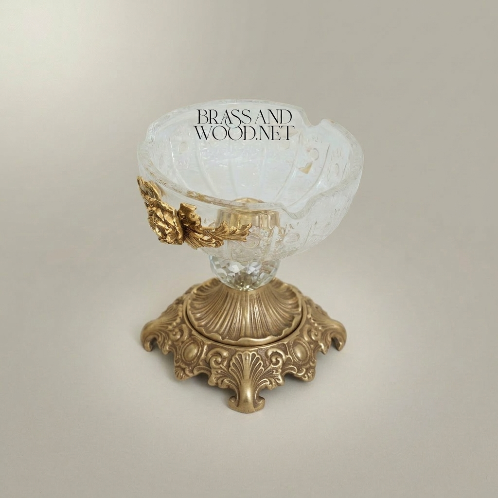 Rococo Crystal & Brass Ashtray with Rose Appliqué and Acanthus Pedestal Base — Antique Gold