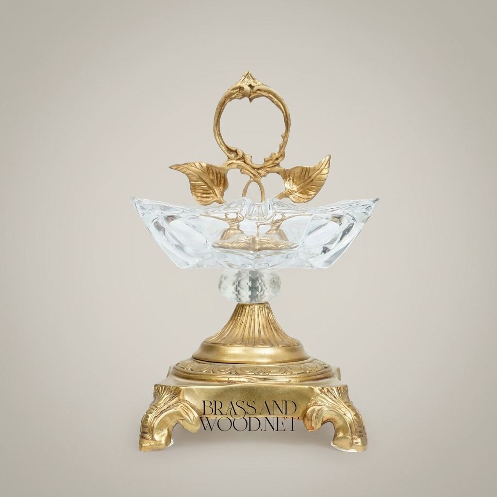 Rococo Crystal & Brass ashtray with Leaf Handle & Paw Feet — Antique Gold