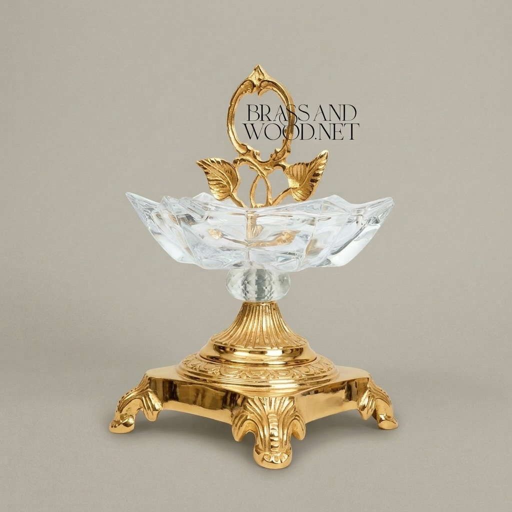 Rococo Crystal & Brass ashtray with Leaf Handle & Paw Feet