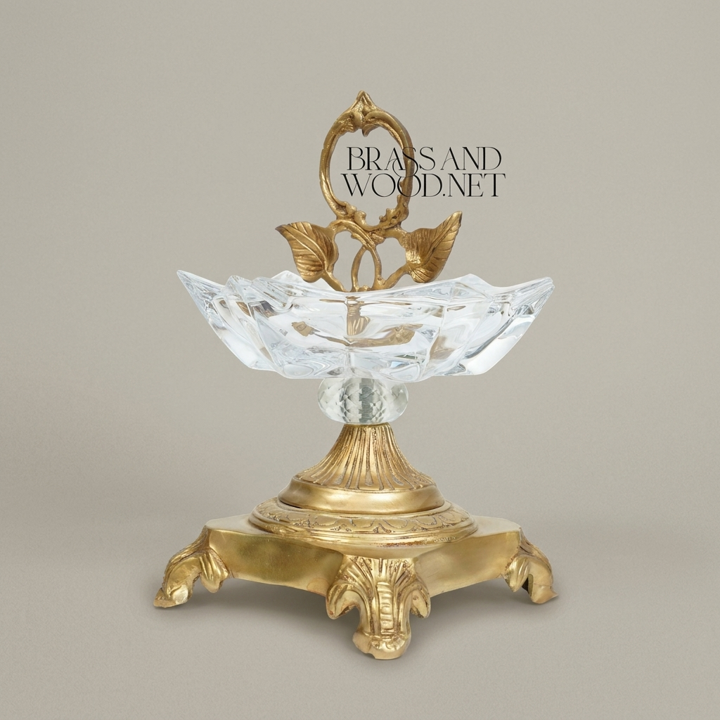 Rococo Crystal & Brass ashtray with Leaf Handle & Paw Feet — Antique Gold