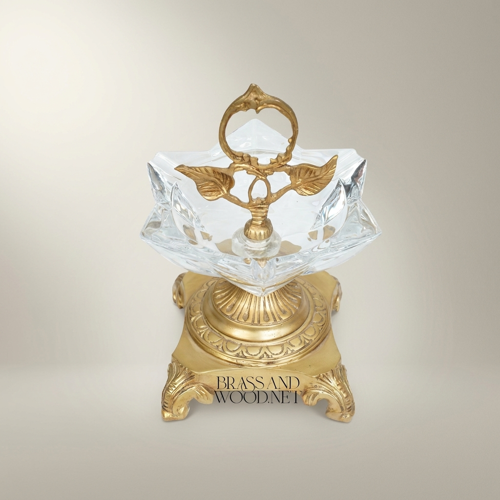 Rococo Crystal & Brass ashtray with Leaf Handle & Paw Feet — Antique Gold