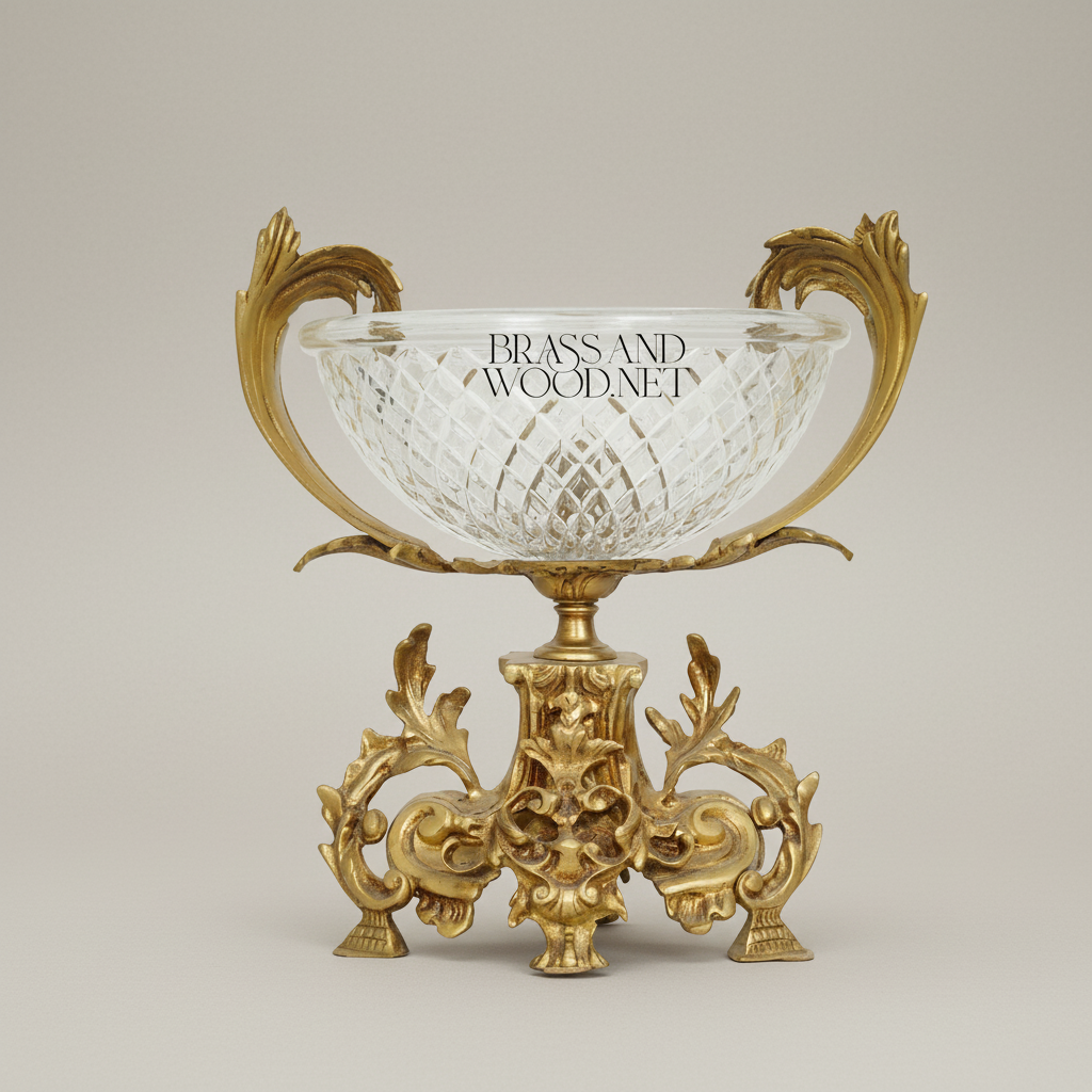 Rococo Crystal & Brass Centerpiece Bowl - Acanthus Leaf Sculpted Stand — Antique Gold