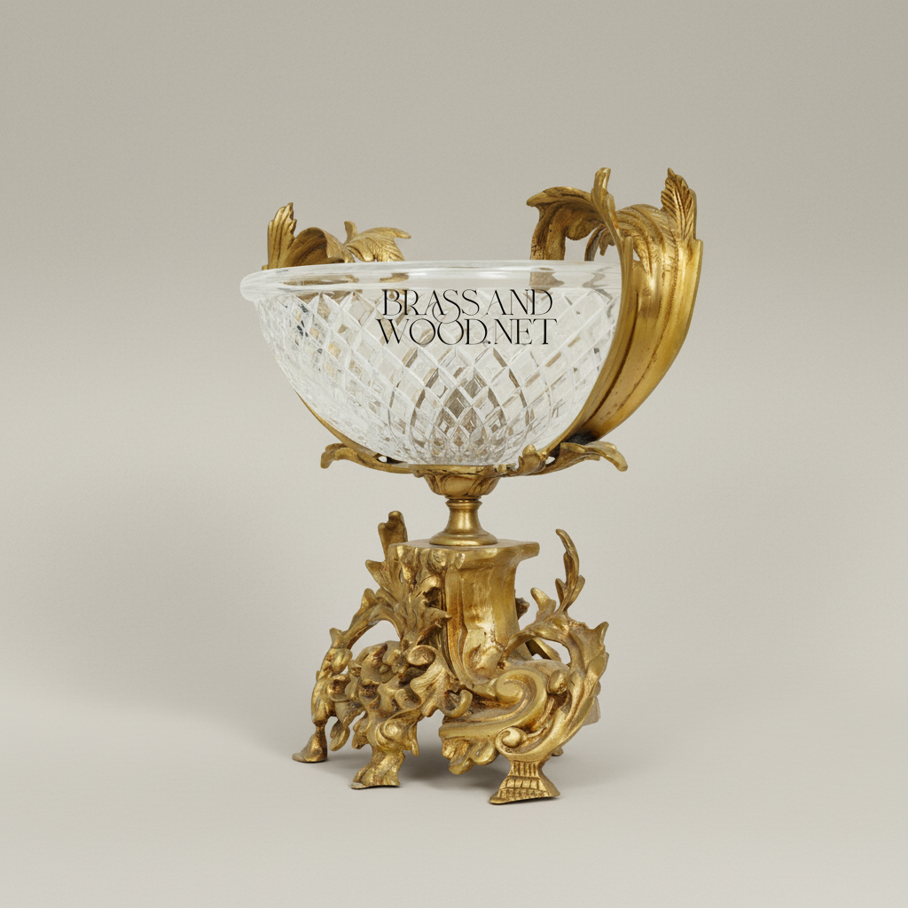 Rococo Crystal & Brass Centerpiece Bowl - Acanthus Leaf Sculpted Stand — Antique Gold