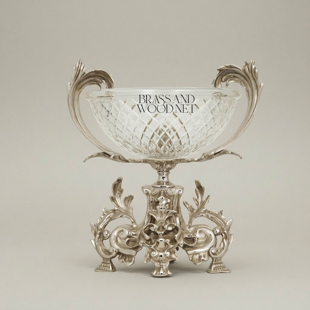 Rococo Crystal & Brass Centerpiece Bowl - Acanthus Leaf Sculpted Stand — Silver