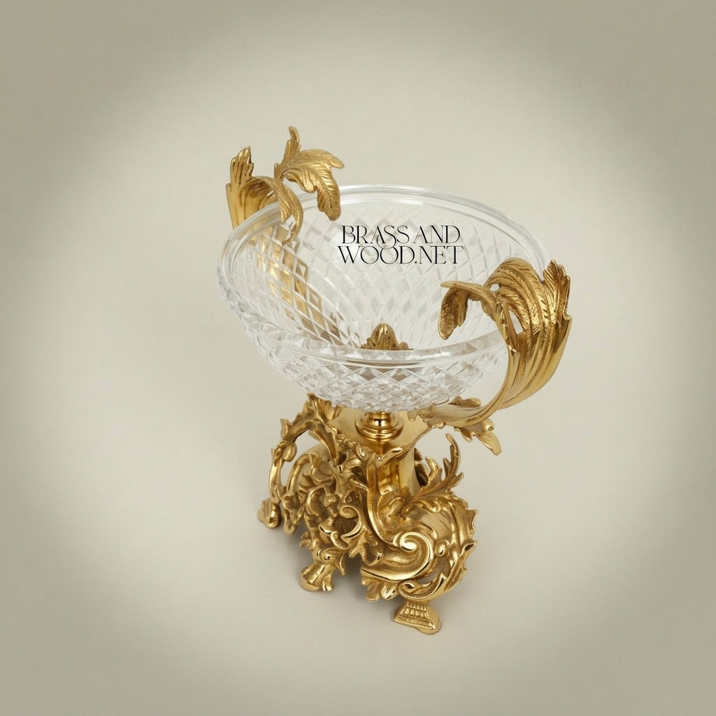 Rococo Crystal & Brass Centerpiece Bowl - Acanthus Leaf Sculpted Stand — Gold