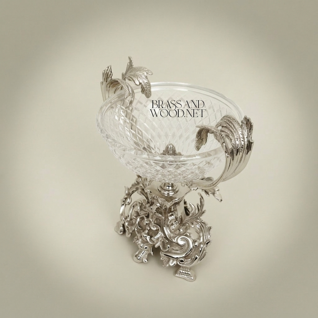 Rococo Crystal & Brass Centerpiece Bowl - Acanthus Leaf Sculpted Stand — Silver