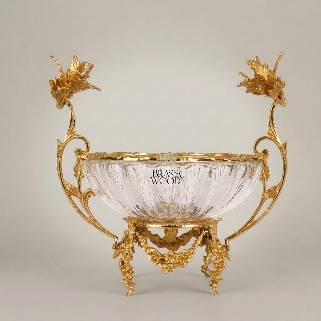 Rococo Crystal & Brass Centerpiece Bowl with Floral Branch Handles