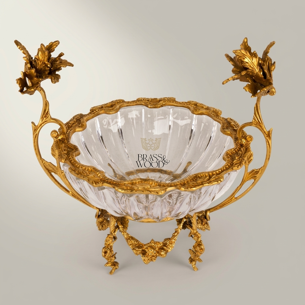 Rococo Crystal & Brass Centerpiece Bowl with Floral Branch Handles