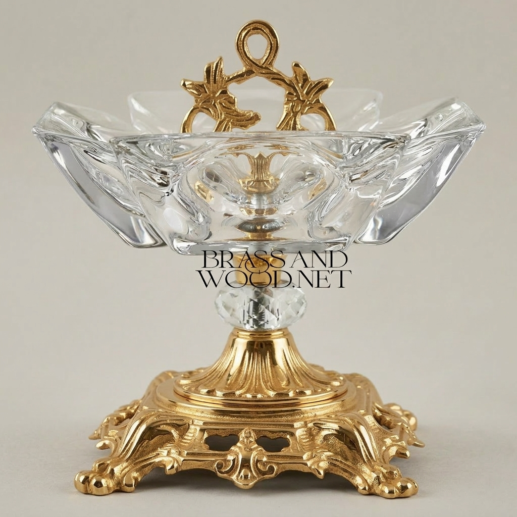 Rococo Crystal & Brass ashtray with Pierced Scrollwork Base