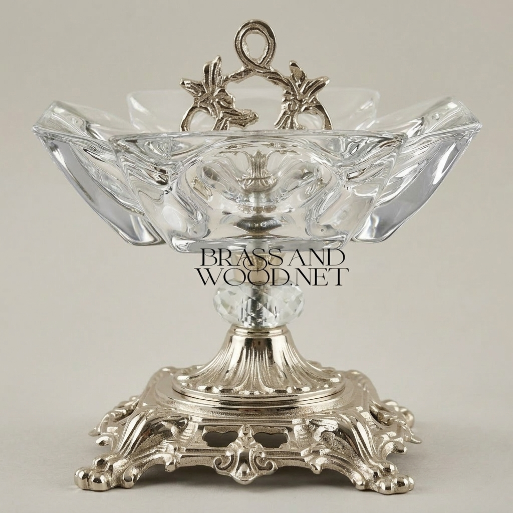 Rococo Crystal & Brass ashtray with Pierced Scrollwork Base — Silver