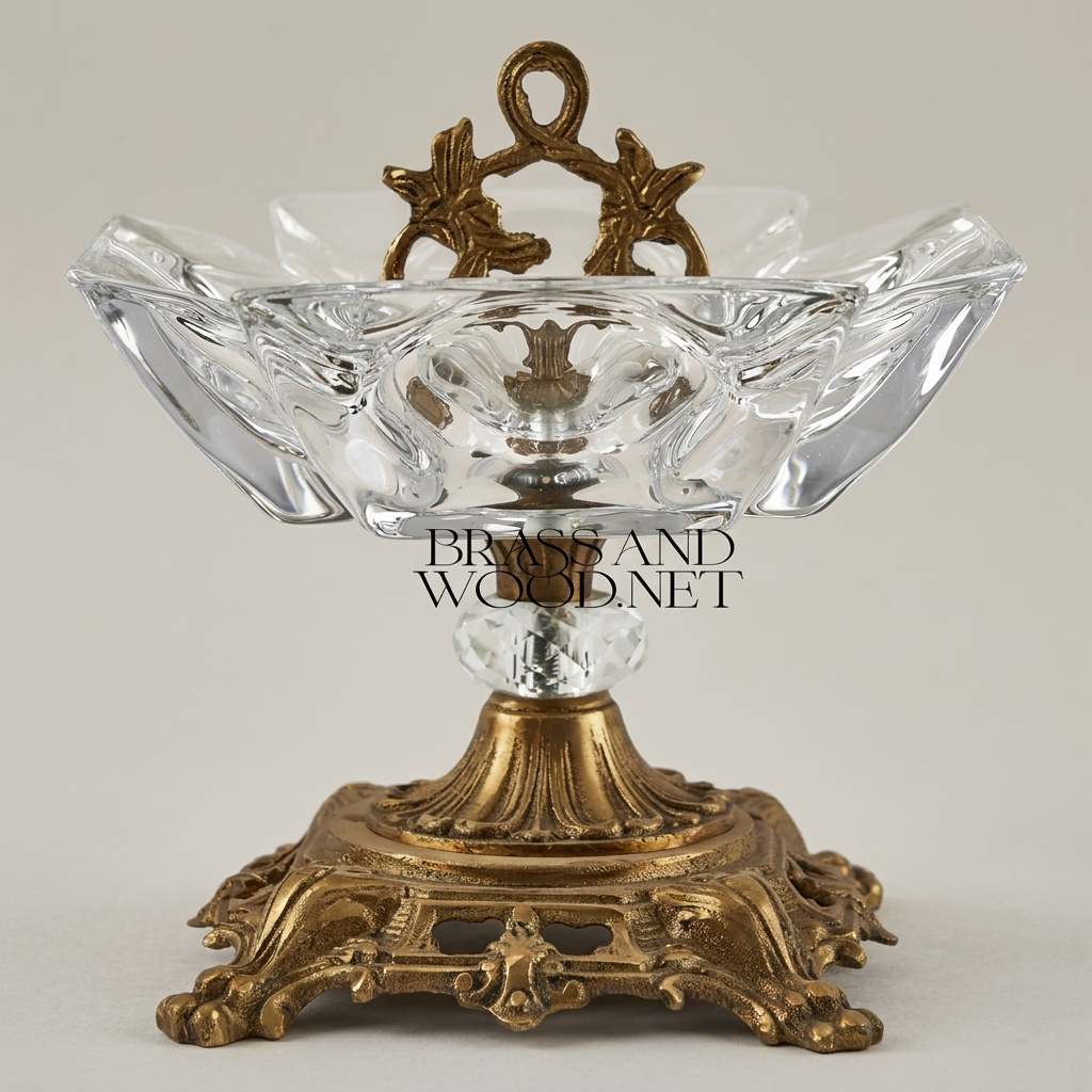 Rococo Crystal & Brass ashtray with Pierced Scrollwork Base — Antique Gold