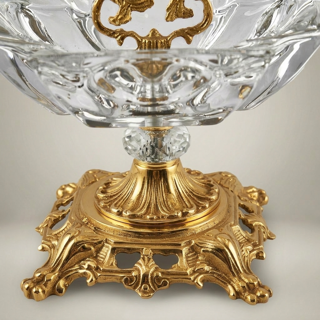 Rococo Crystal & Brass ashtray with Pierced Scrollwork Base — Gold