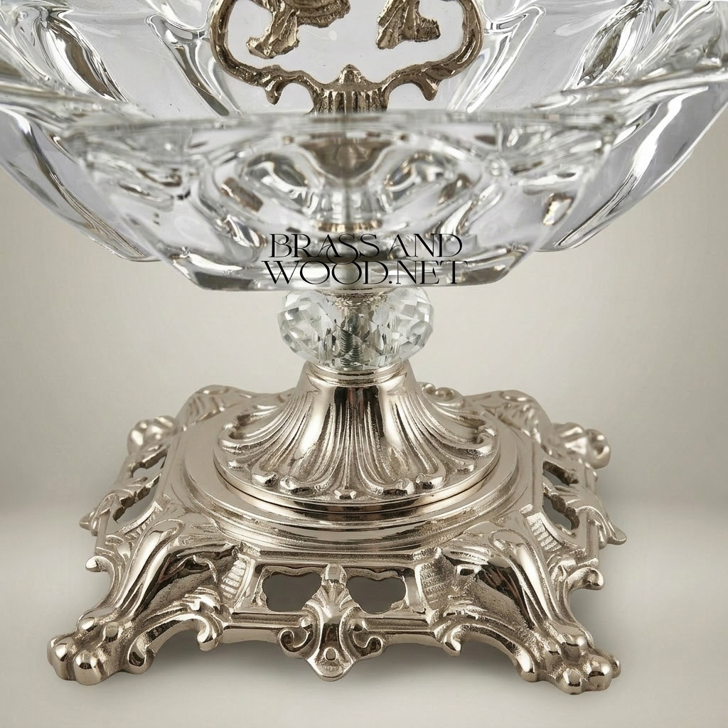 Rococo Crystal & Brass ashtray with Pierced Scrollwork Base — Silver