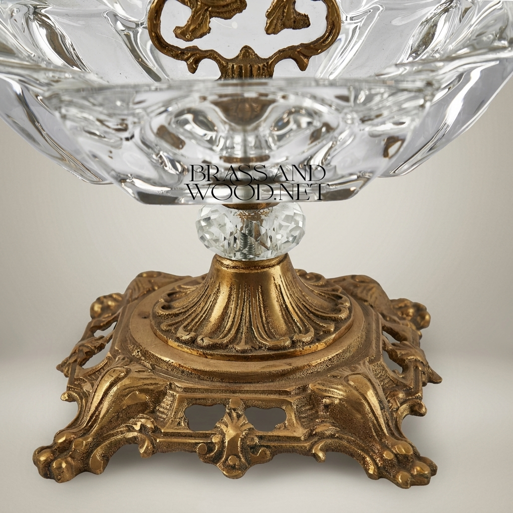 Rococo Crystal & Brass ashtray with Pierced Scrollwork Base — Antique Gold
