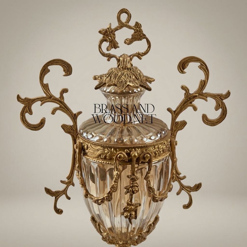 Rococo Lidded Crystal Urn Vase with Scrollwork Brass Mounts & Swag Garland — Antique Gold