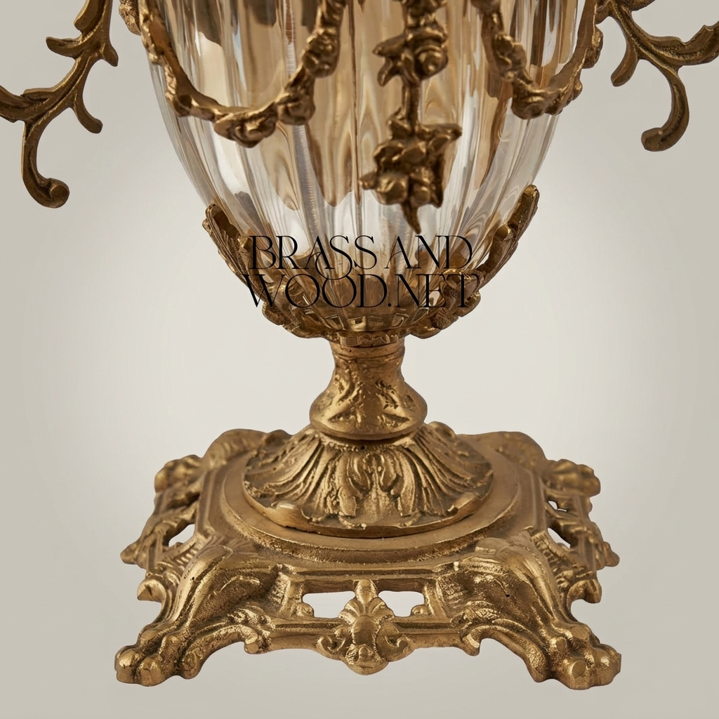 Rococo Lidded Crystal Urn Vase with Scrollwork Brass Mounts & Swag Garland — Antique Gold