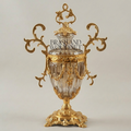 Rococo Lidded Crystal Urn Vase with Scrollwork Brass Mounts & Swag Garland — Gold