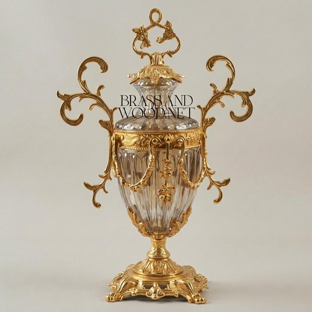 Rococo Lidded Crystal Urn Vase with Scrollwork Brass Mounts & Swag Garland — Gold