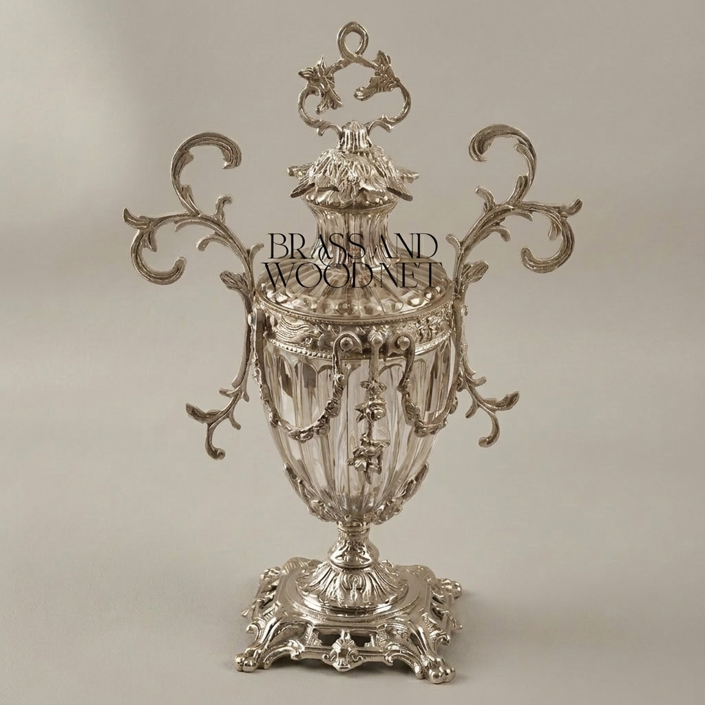 Rococo Lidded Crystal Urn Vase with Scrollwork Brass Mounts & Swag Garland — Silver