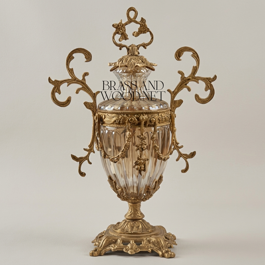 Rococo Lidded Crystal Urn Vase with Scrollwork Brass Mounts & Swag Garland — Antique Gold