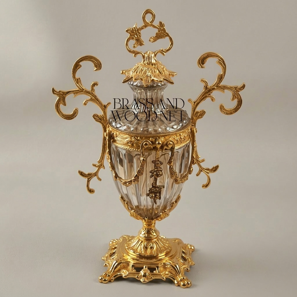 Rococo Lidded Crystal Urn Vase with Scrollwork Brass Mounts & Swag Garland