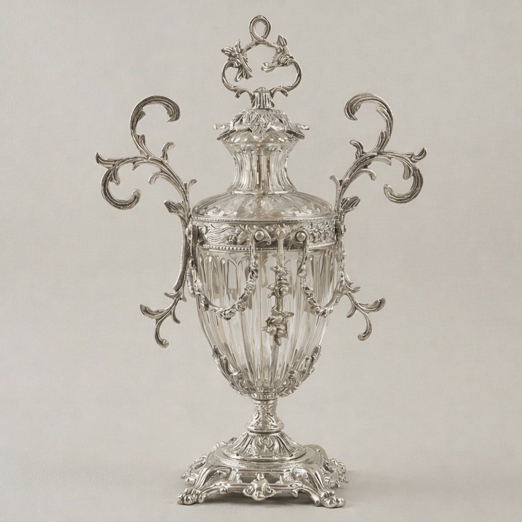Rococo Lidded Crystal Urn Vase with Scrollwork Brass Mounts & Swag Garland — Silver