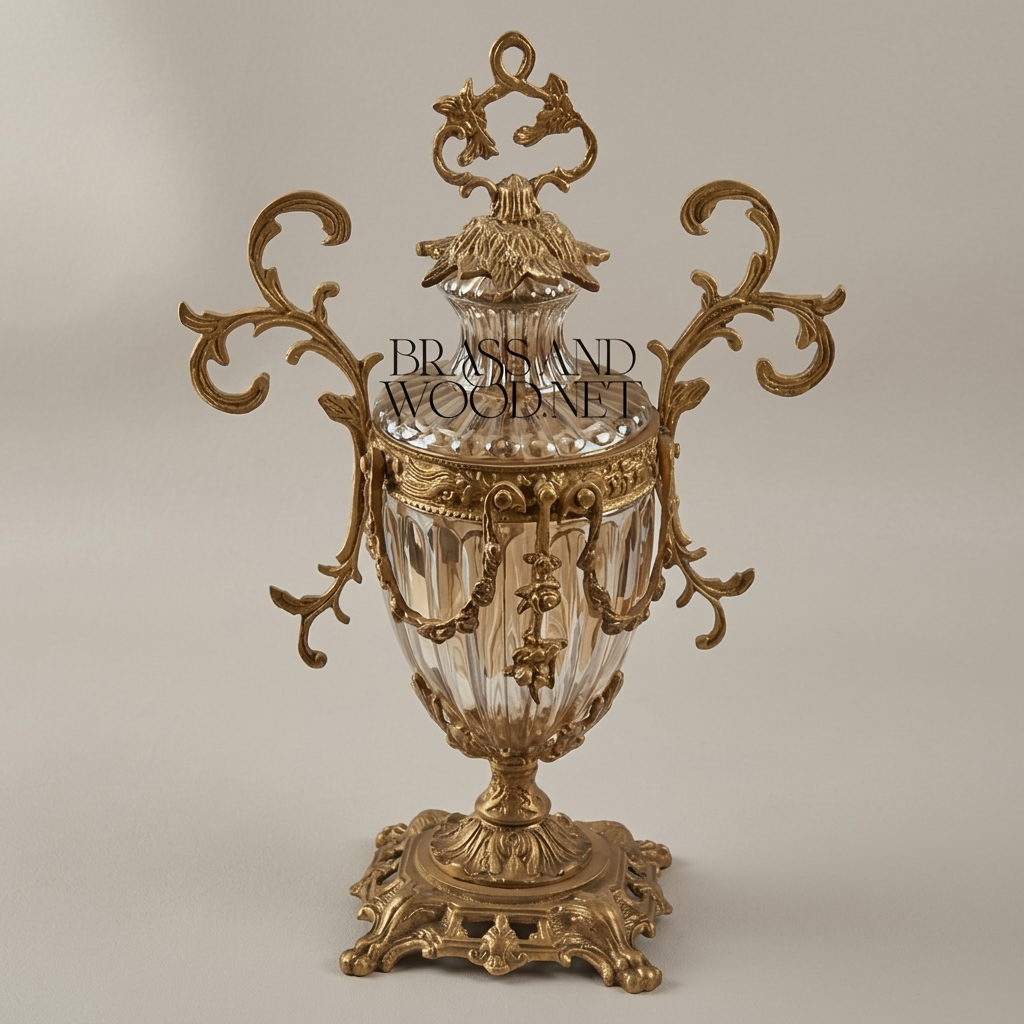 Rococo Lidded Crystal Urn Vase with Scrollwork Brass Mounts & Swag Garland — Antique Gold