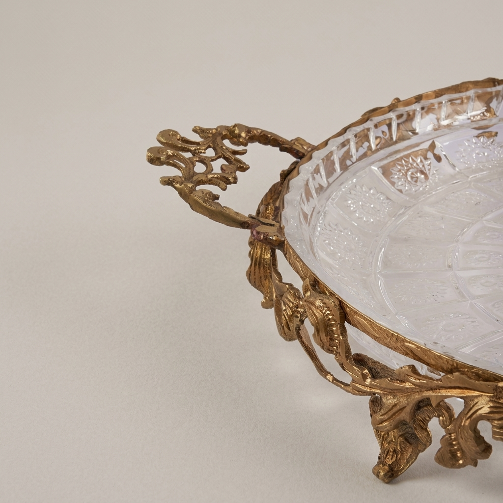 Rococo Crystal & Brass Serving Tray - Ornate Acanthus Footed Round Platter — Antique Gold