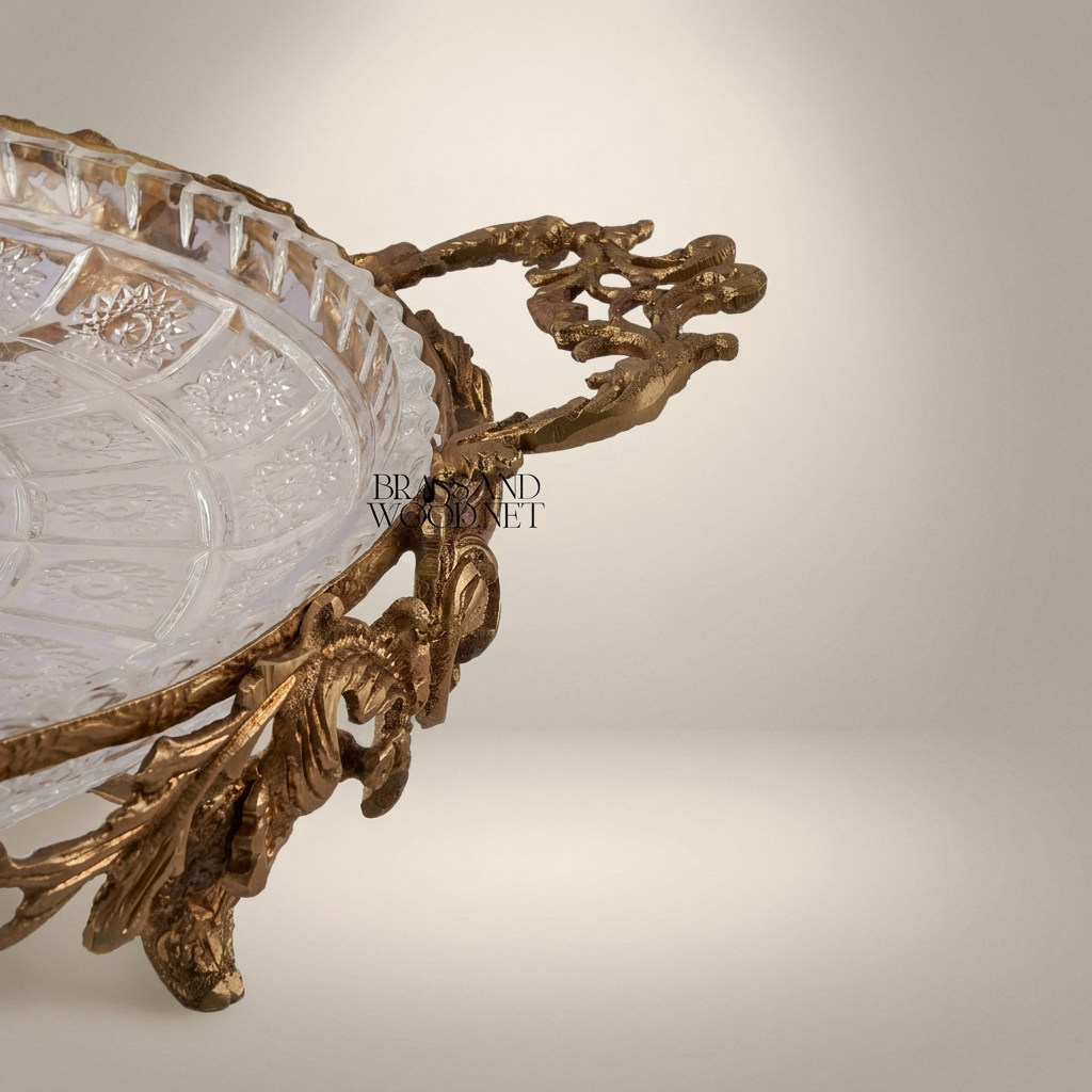 Rococo Crystal & Brass Serving Tray - Ornate Acanthus Footed Round Platter — Antique Gold