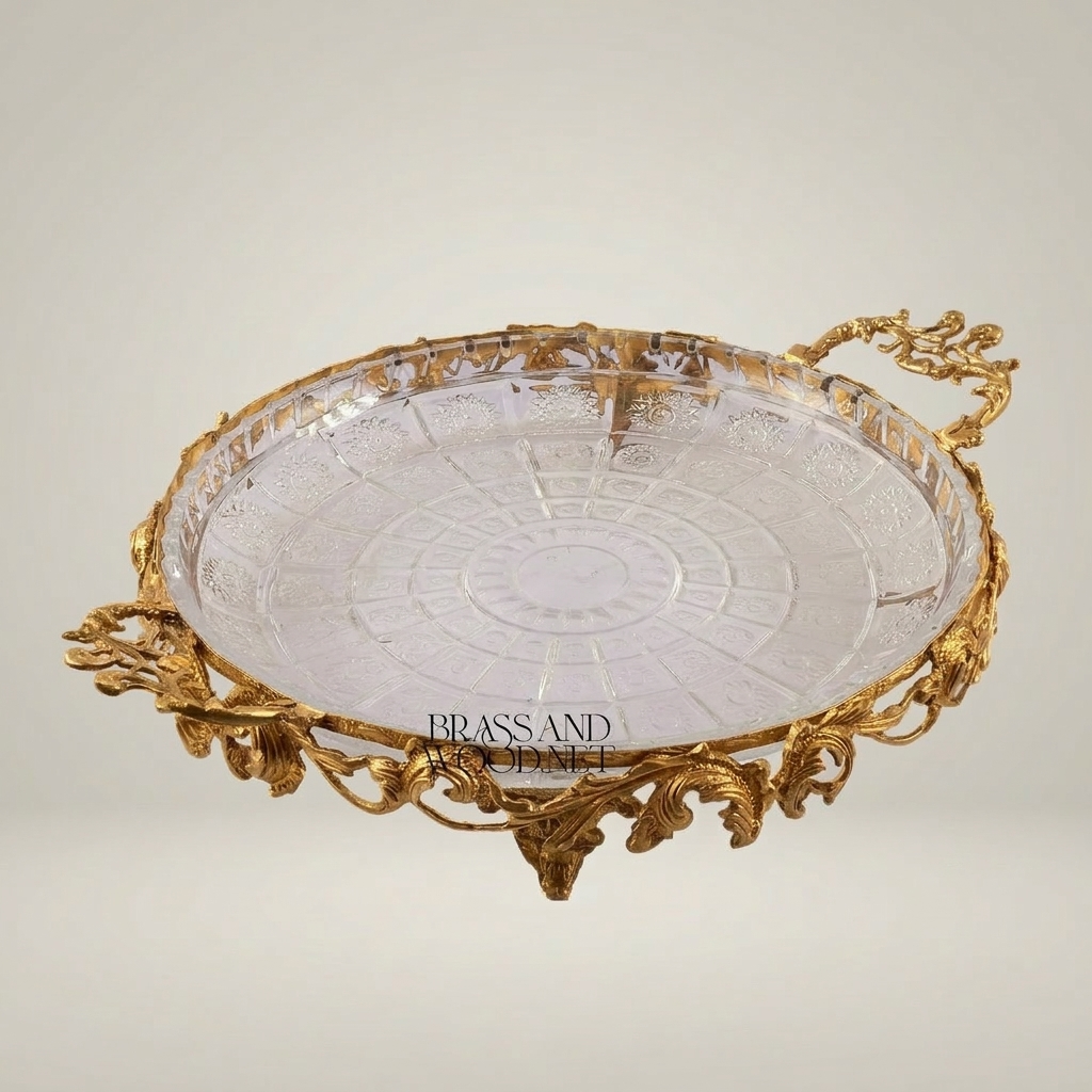 Rococo Crystal & Brass Serving Tray - Ornate Acanthus Footed Round Platter