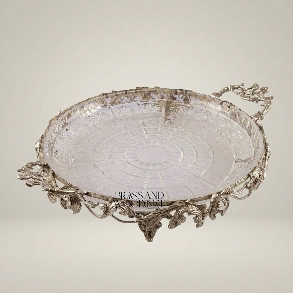 Rococo Crystal & Brass Serving Tray - Ornate Acanthus Footed Round Platter — Silver