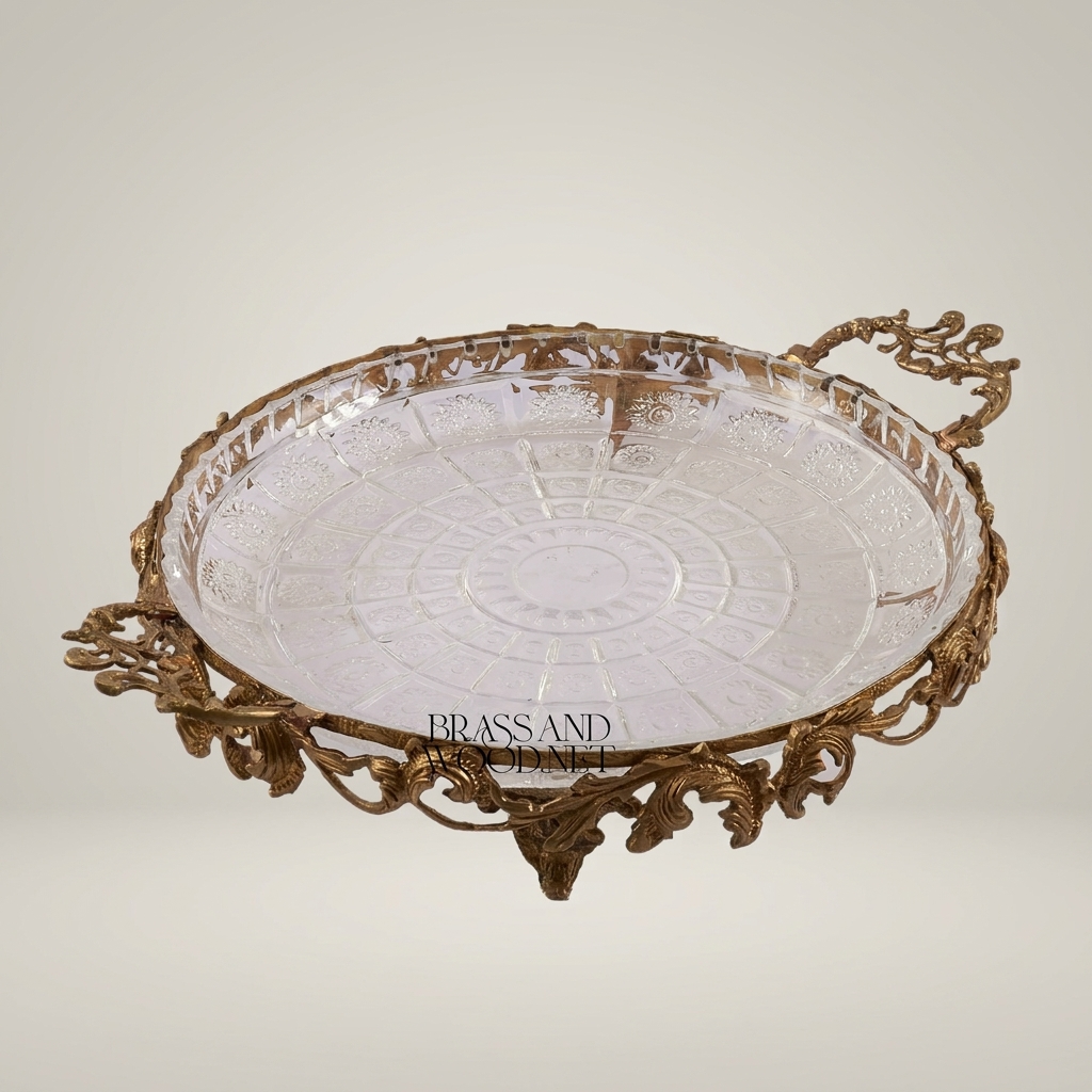 Rococo Crystal & Brass Serving Tray - Ornate Acanthus Footed Round Platter — Antique Gold