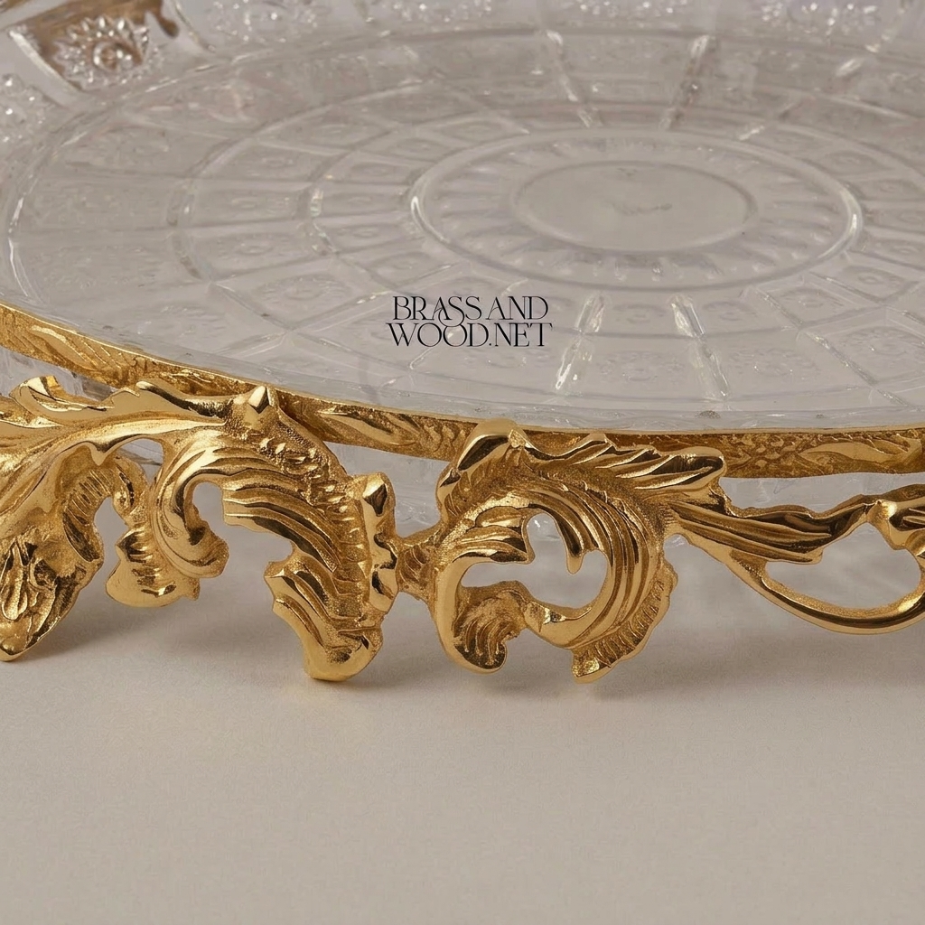 Rococo Crystal & Brass Serving Tray - Ornate Acanthus Footed Round Platter — Gold