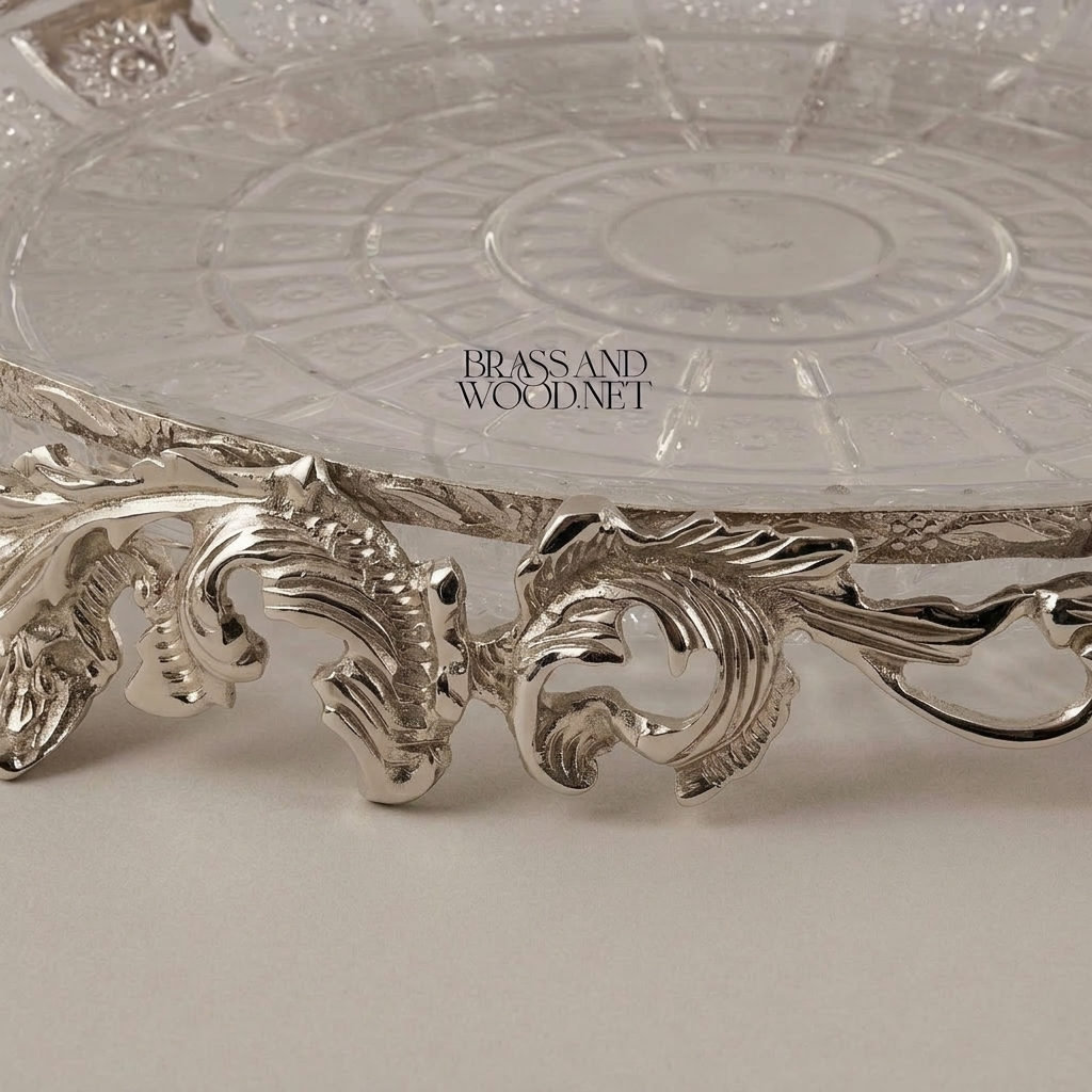 Rococo Crystal & Brass Serving Tray - Ornate Acanthus Footed Round Platter — Silver