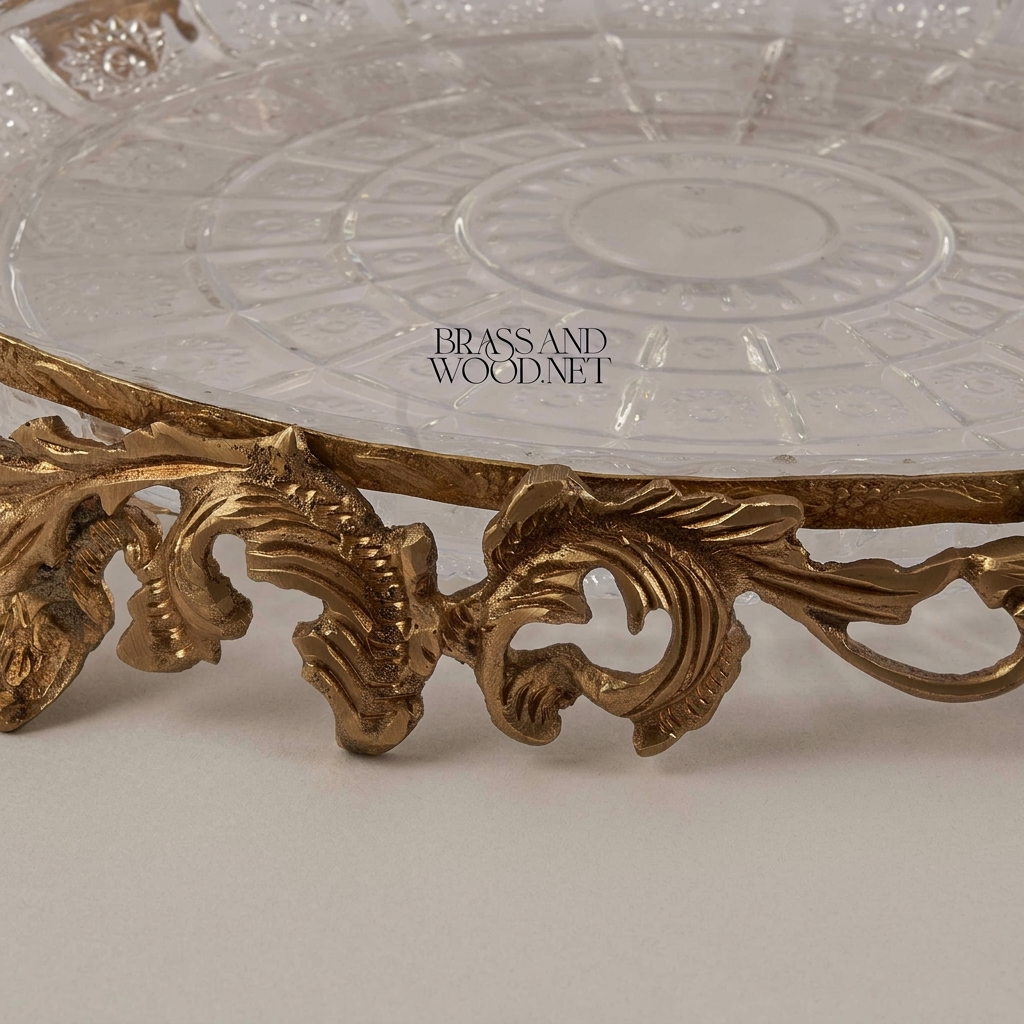 Rococo Crystal & Brass Serving Tray - Ornate Acanthus Footed Round Platter — Antique Gold