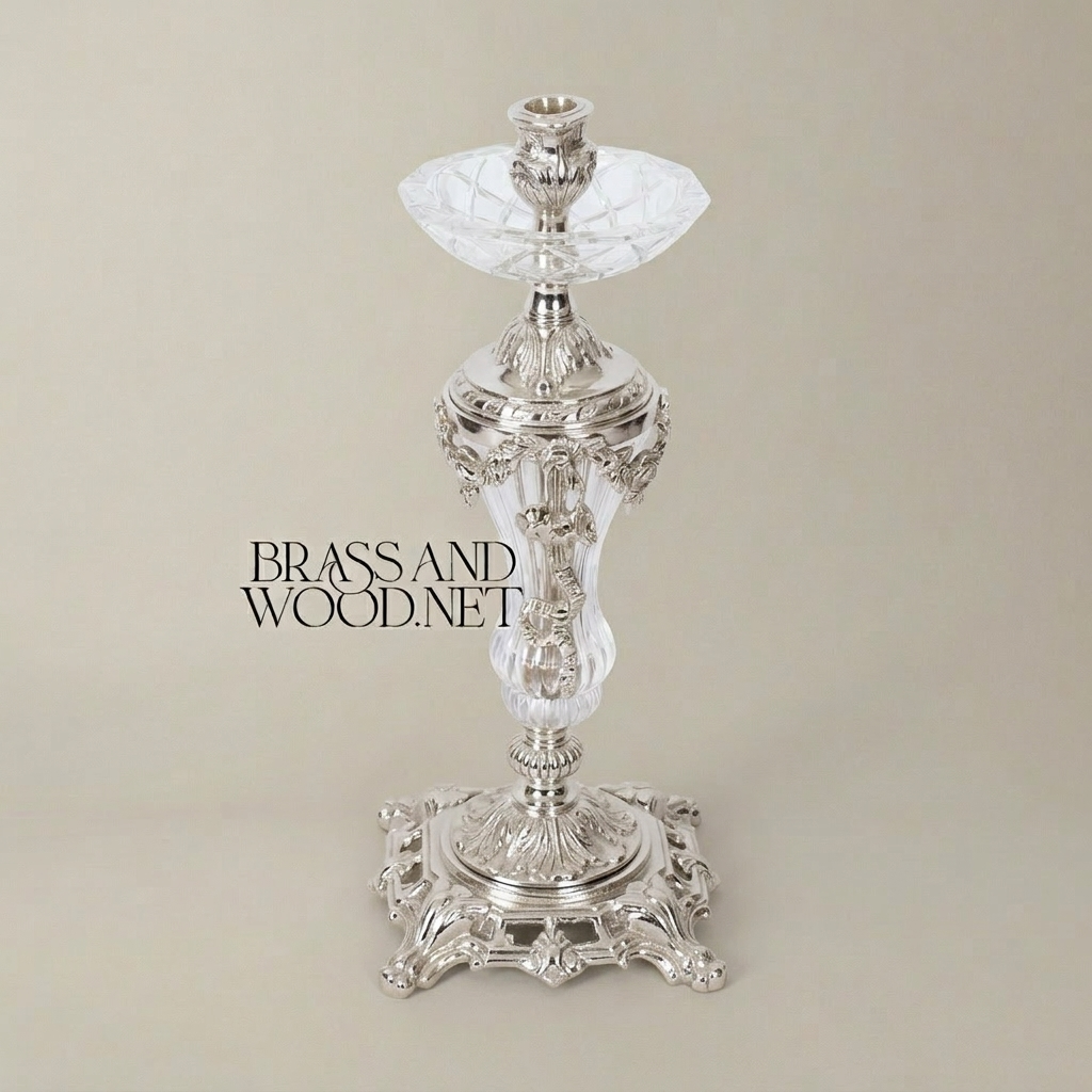 Rococo Crystal & Brass Single-Arm Candlestick with Acanthus Scrollwork Base — Silver