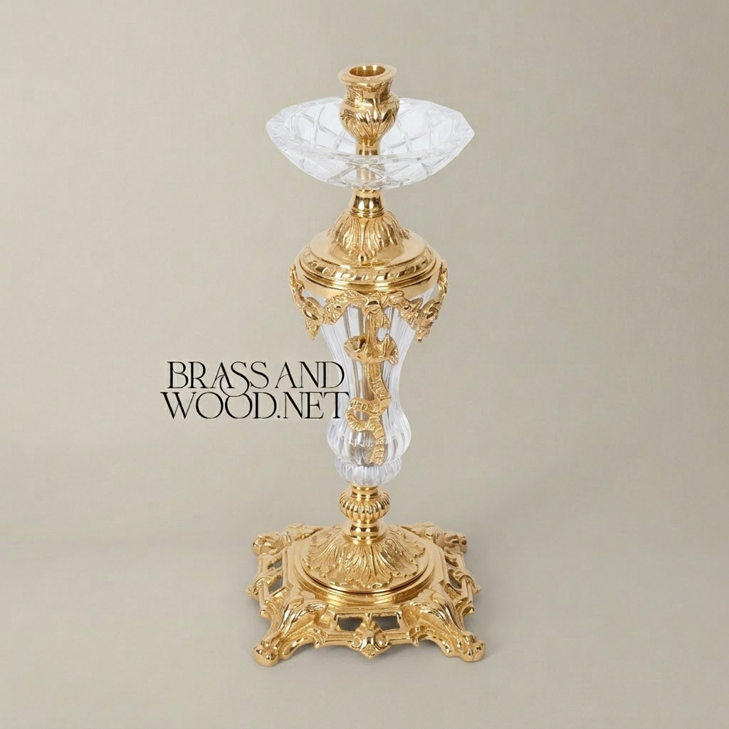 Rococo Crystal & Brass Single-Arm Candlestick with Acanthus Scrollwork Base — Gold
