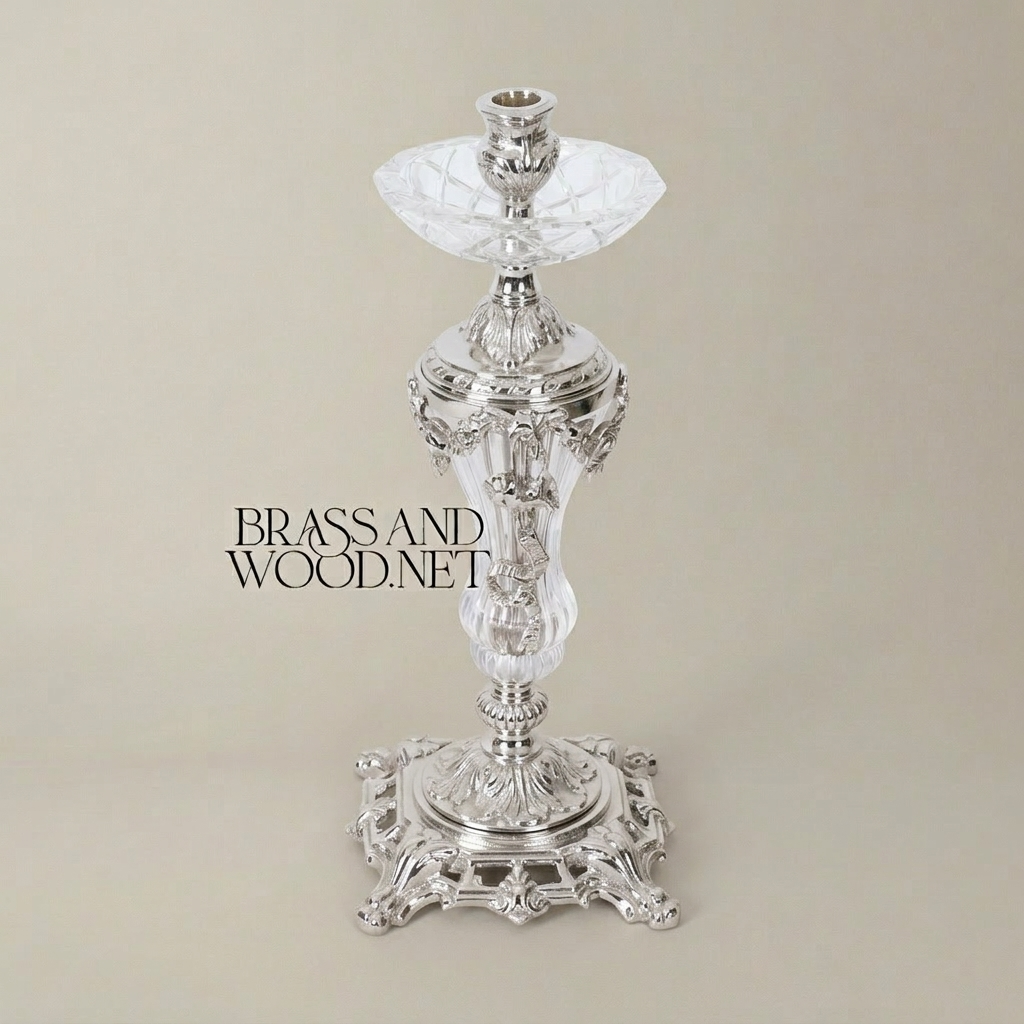 Rococo Crystal & Brass Single-Arm Candlestick with Acanthus Scrollwork Base — Silver