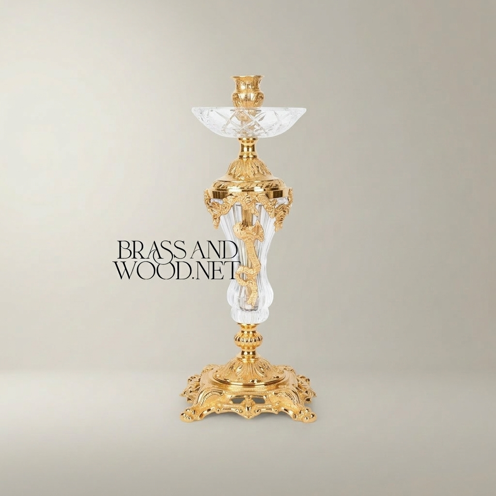 Rococo Crystal & Brass Single-Arm Candlestick with Acanthus Scrollwork Base — Gold