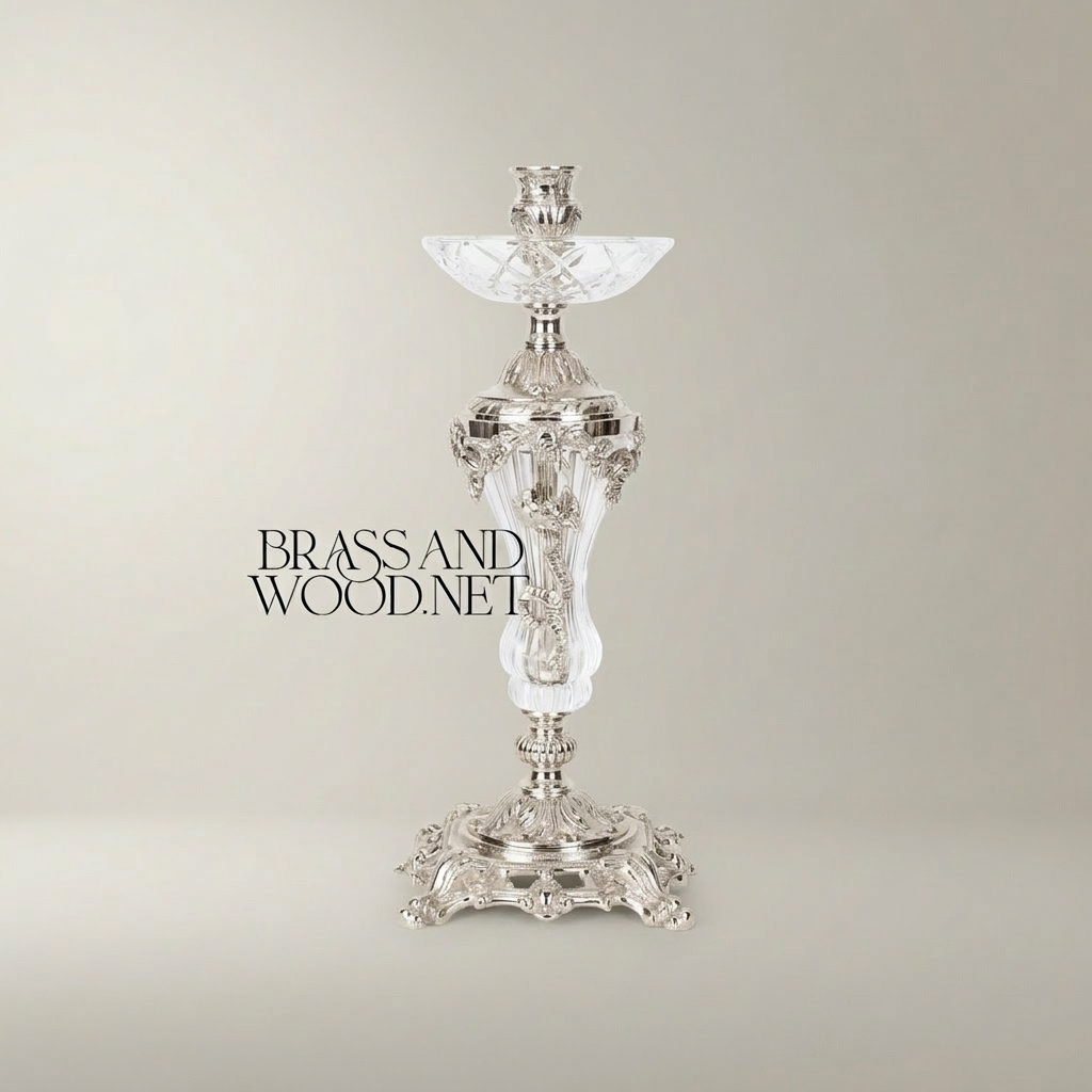 Rococo Crystal & Brass Single-Arm Candlestick with Acanthus Scrollwork Base — Silver